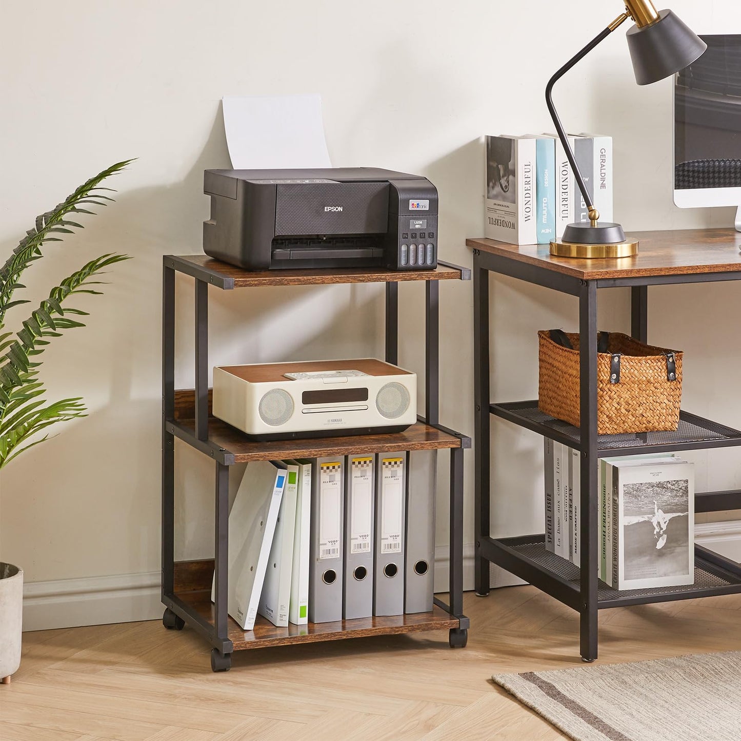 IBUYKE Printer Stand with Storage Shelf,3 Tier Printer Table with Wheels,Printer Cart for Home Office Organization, Rolling Cart Stand for Heat Press