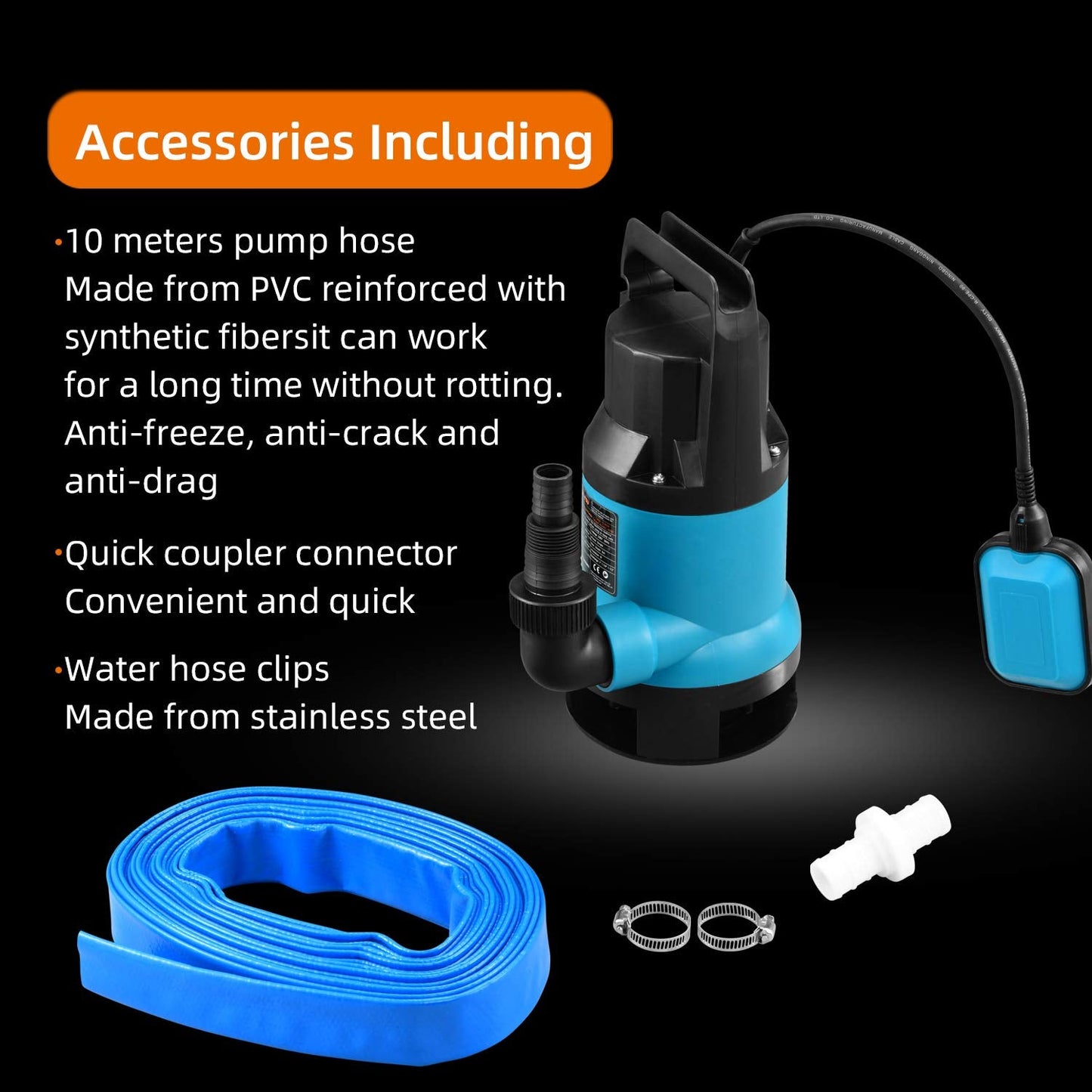 KATSU Garden Submersible Water Pump 400W with 10 Meters 1.1/4" Hose & Quick Coupler Connector