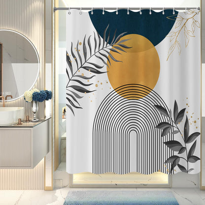 GCIREC Shower Curtain, 180x200cm, Navy Blue Yellow Boho Mid Century Modern Abstract with Minimalist Leaf Waterproof Fabric Machine Washable Bathroom