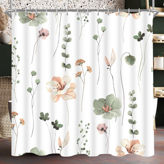 Lerores Shower Curtain, 240 x 180 cm, Sage Green Flower, Weighted Hem, Anti-Mould, Water-Repellent