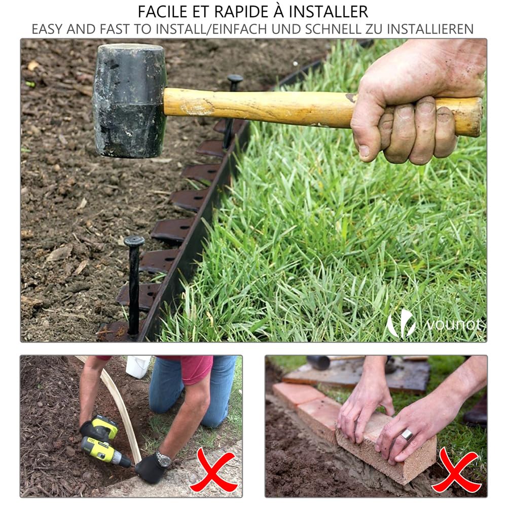 VOUNOT 20m Flexible Lawn Edging, Plastic Garden Edging Border with 60 Strong Securing Pegs, Height 5cm, Brown