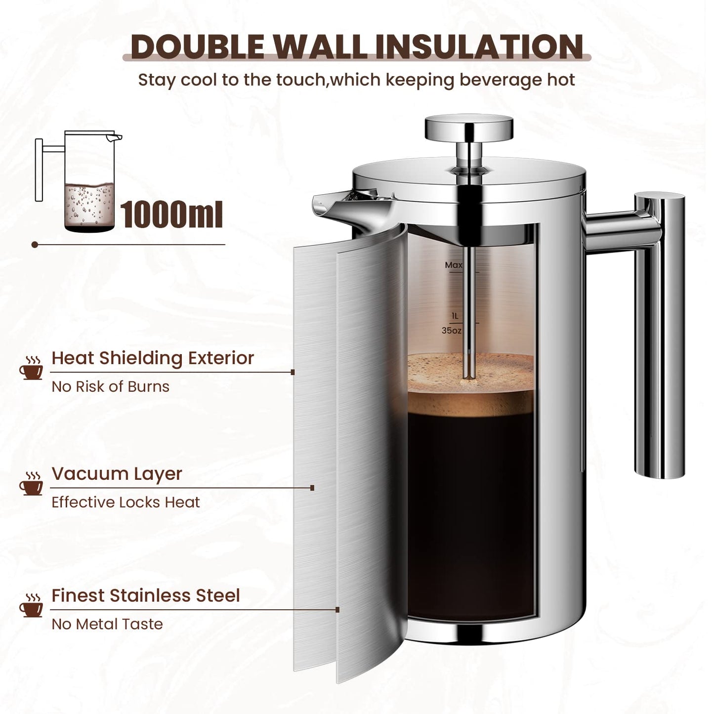 Velaze 1L / 35oz 8 Cups French Cafetiere Coffee Pot, French Press with Stainless steel,Double Wall Tea Maker, with 1 Coffee Spoon and 5pcs Additional