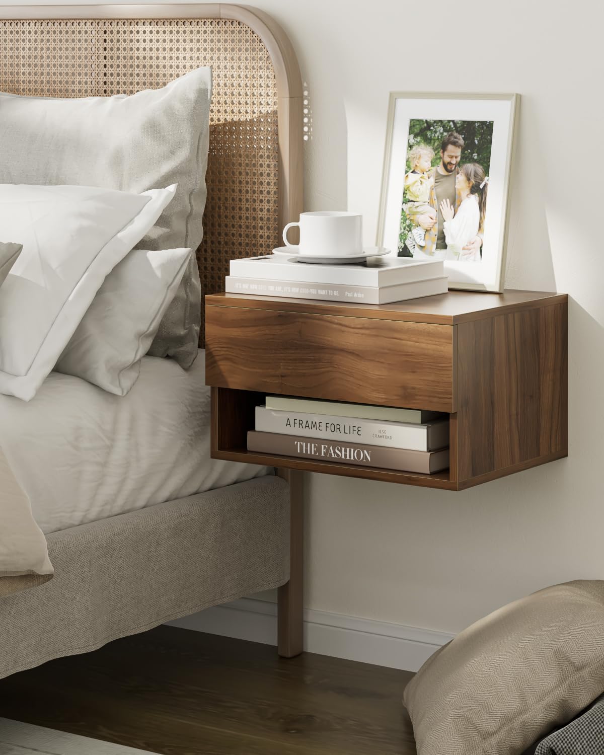 HEYZOEY Floating Bedside Table,Night Stand Small Modern Floating Nightstand with Drawer,Walnut