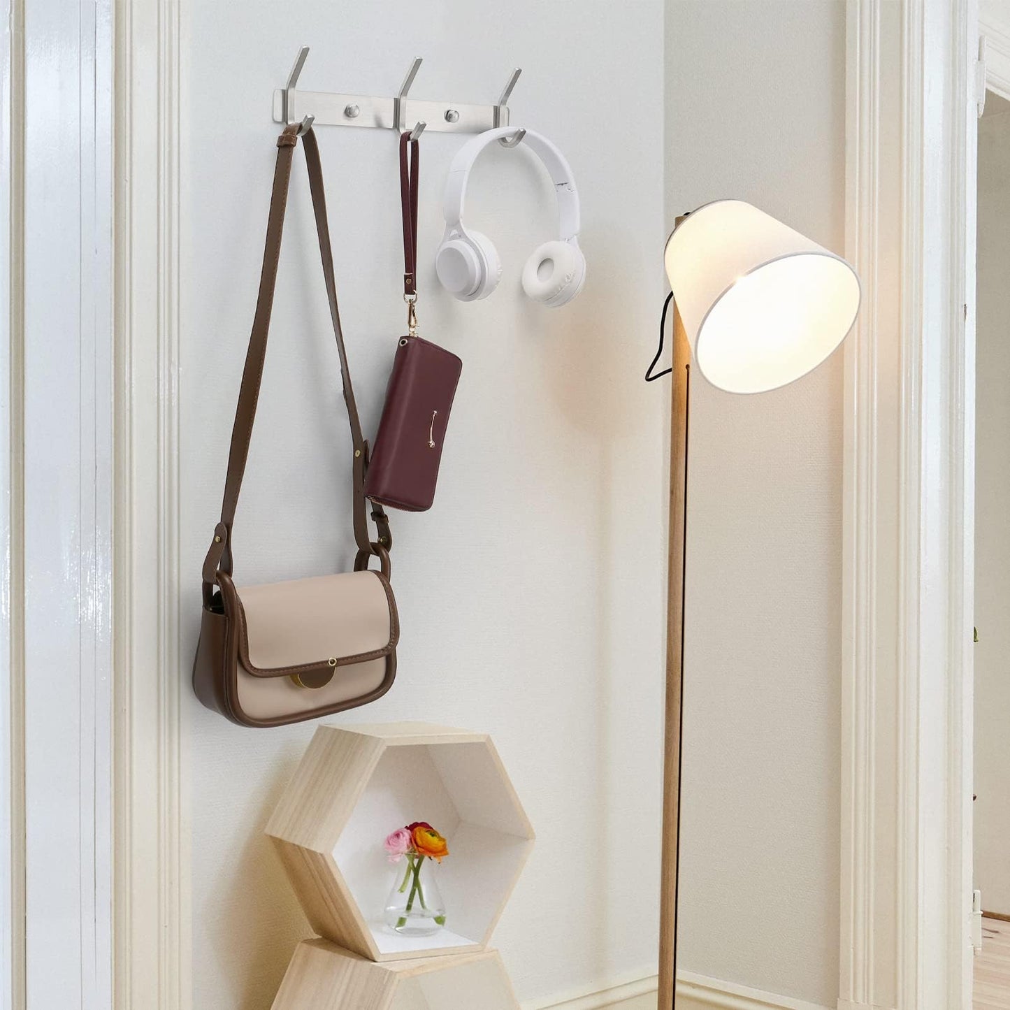 Qiannhee 2 Pack Coat Hooks Wall Mounted 3 Hooks Rustproof Wall Coat Rack 30CM up to 30KG Heavy Duty Coat Rack for Door SUS304 Stainless Steel Clothes