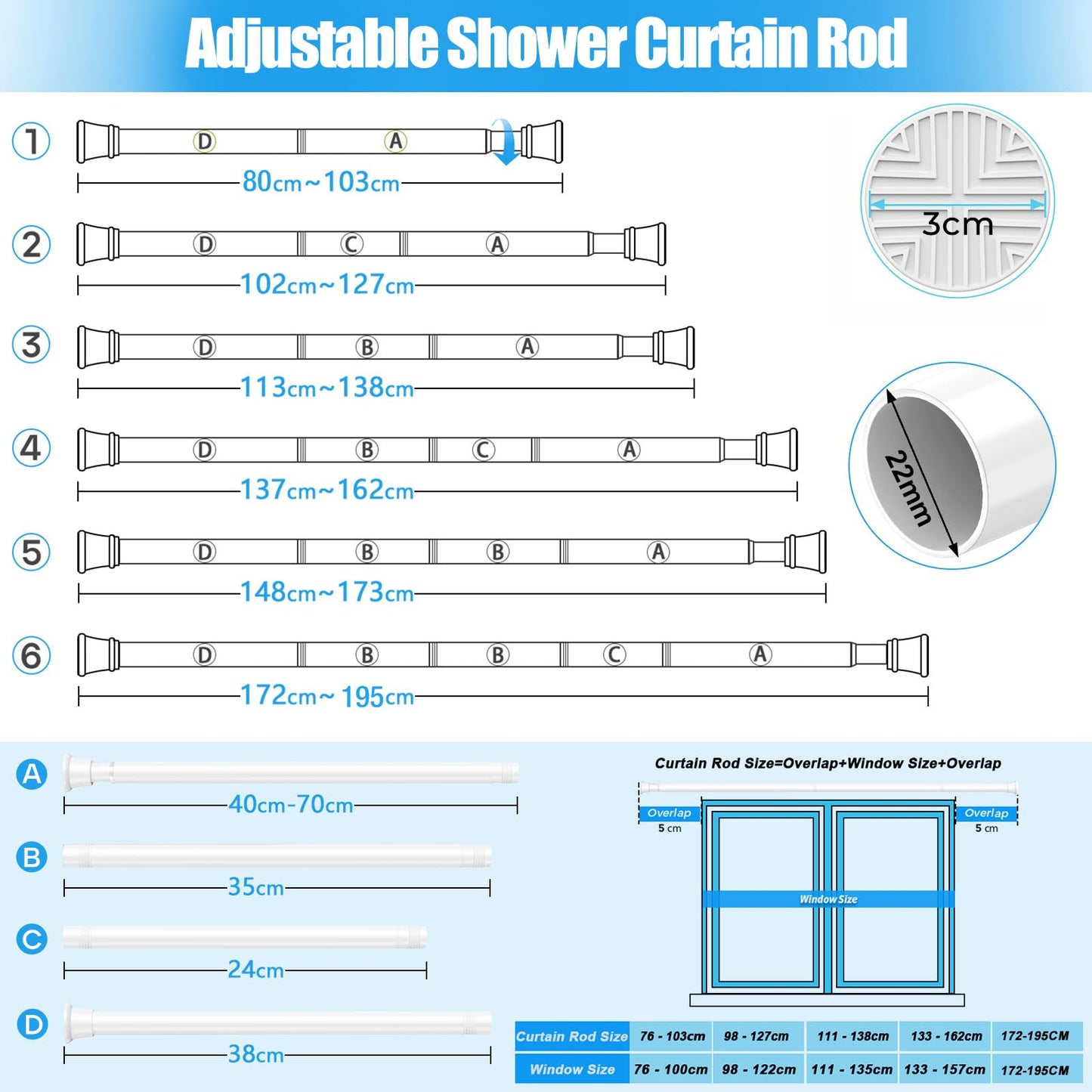 Zipglo Shower Curtain Pole 80-195cm, Extendable Curtain Poles Adjustable Tension Rods for Curtains Telescopic Curtain Poles No Drilling Shower