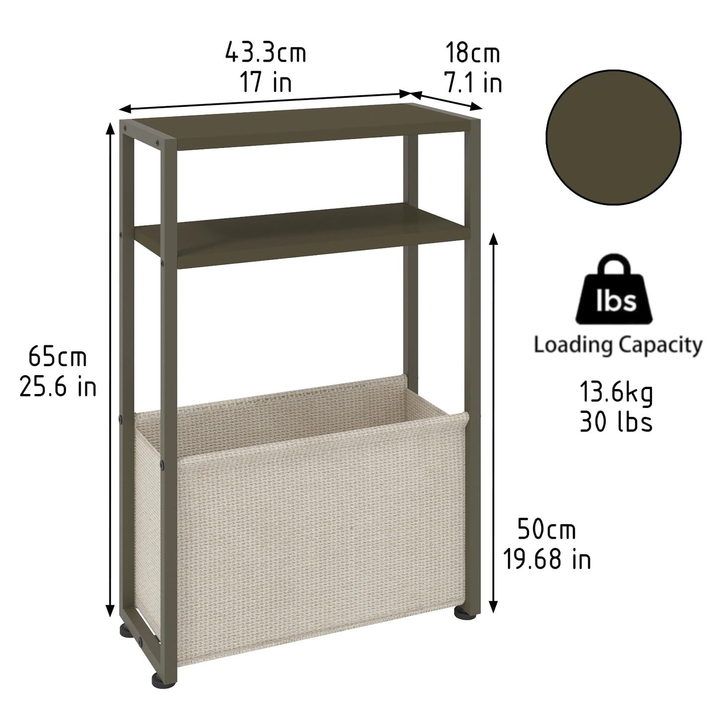 JERX Narrow Side Table with Fabric Basket, End Table for Small Spaces, Slim Side Table with Magazine Rack for Living Room Office Bedroom and Bathroom