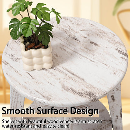 FEUFOAM Round Side Table White Wooden End Table with Lower Shelf Rustic Vintage Nightstand Beside Table Small Accent Tables for Living Room Bedroom