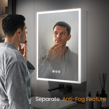 EMKE LED Lighted Bathroom Cabinet with Mirror, 400x600mm Single Door Wall Mounted Bathroom Mirror Cabinet with Shaver Socket, Anti-Fog