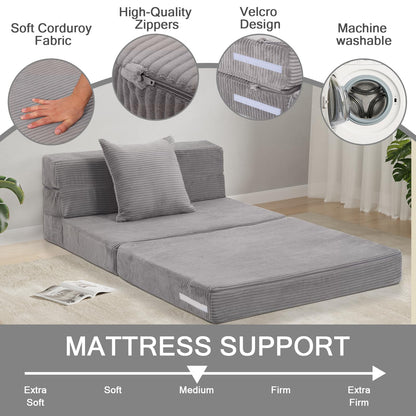 MeMoreCool Folding Mattress Single, Corduroy Fold Out Sofa Bed, Grey