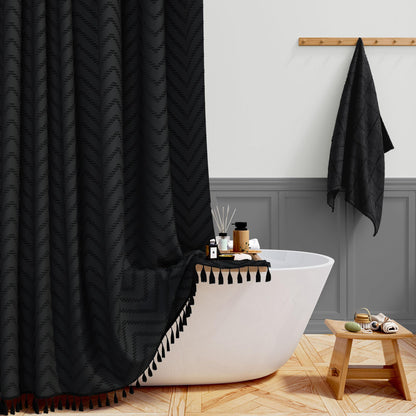 BTTN Narrow Boho Tufted Chevron Shower Curtain, Waterproof, 92x186cm, Black
