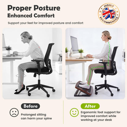 Adjustable Under Desk Foot Stool, Ergonomic Wooden Foot Rest with 6 Height Angles, Perfect for Office & Home Use, Walnut Finish
