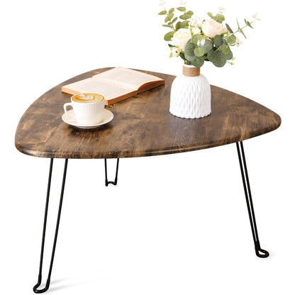 FEUFOAM Folding Coffee Table Triangle Designs Oval Coffee Tables Mid Century Wooden Triangular Accent Table with Metal Legs Foldable Industrial Sofa