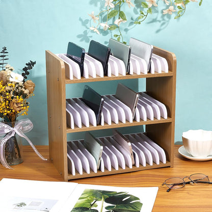 UNICRAFTALE 3 Tier Wooden Phones Storage 45 Grid Classroom Cell Phone Holder Brown Mobile Phone Desktop Organizer Storages Box Adjustable Multiple