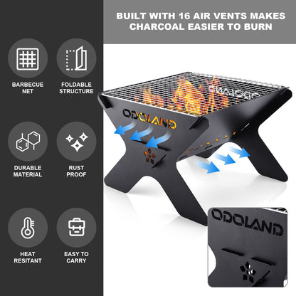 Odoland Camping Fire Pit, Portable Fire Pit for Camping, 2 in 1 Wood Burning Fire pit Grill with Detachable Cooking Grate for Outdoor BBQ, with Carry