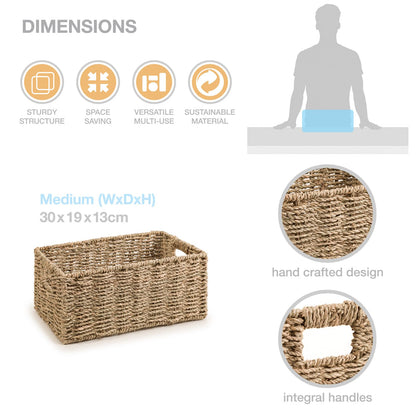 Woodluv Storage Baskets for Shelves, Woven Seagrass Hamper Gift Basket Bathroom, Bedroom, Storage Organiser Toys Shelf Basket, Medium