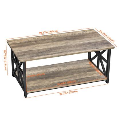 GreenForest Coffee Table with 2-Tier Storage,100 cm Living Room Table with Round Corner, Center Table with X-Frame Design for Home Office,Grey Wash