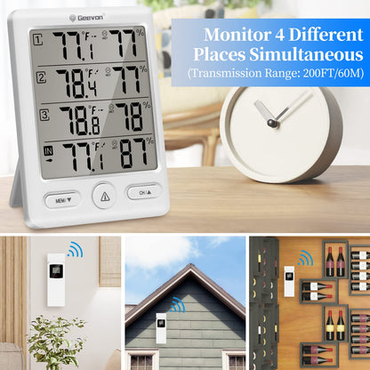 Geevon Indoor Outdoor Thermometer Wireless with 3 Remote Sensors, Digital Hygrometer Indoor Thermometer, Temperature Humidity Monitor Gauge with