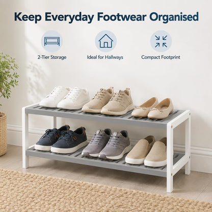 1ABOVE Bamboo Shoe Rack, Plant Rack, Perfect for Corridor, Living Room, Bathroom, Bedroom, Hallway or Small spaces-Parent. (Grey & White, 2 Tier)