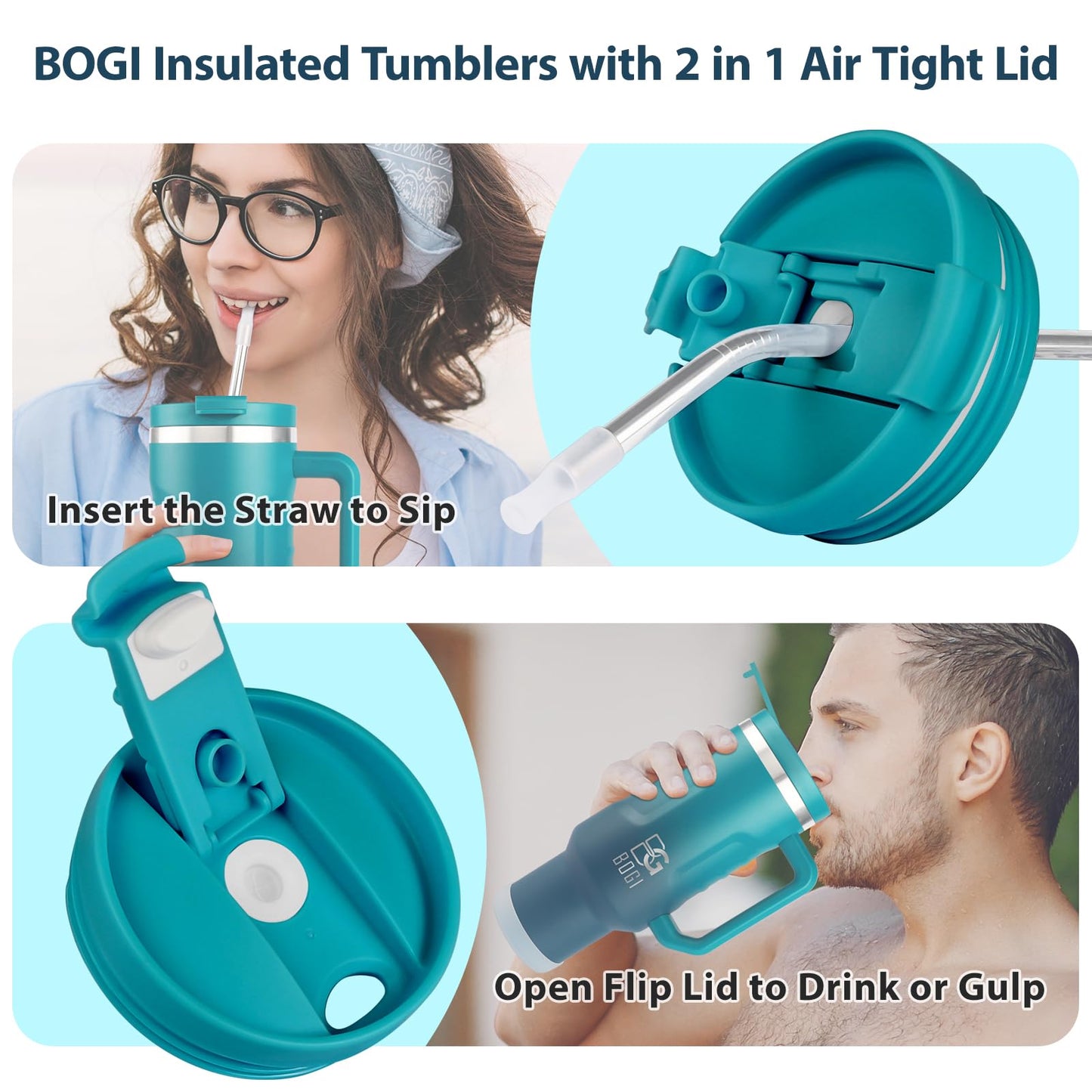 BOGI 40oz Tumbler with Straw and Lid,Leakproof Travel Mug with Handle,Double Walled Stainless Steel Tumbler with 2 in 1 Air Tight Lid,Reusable