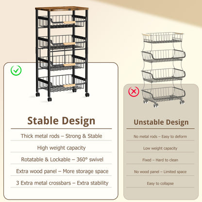 5-Tier Kitchen Trolley on Wheels, Vegetable Storage Rack