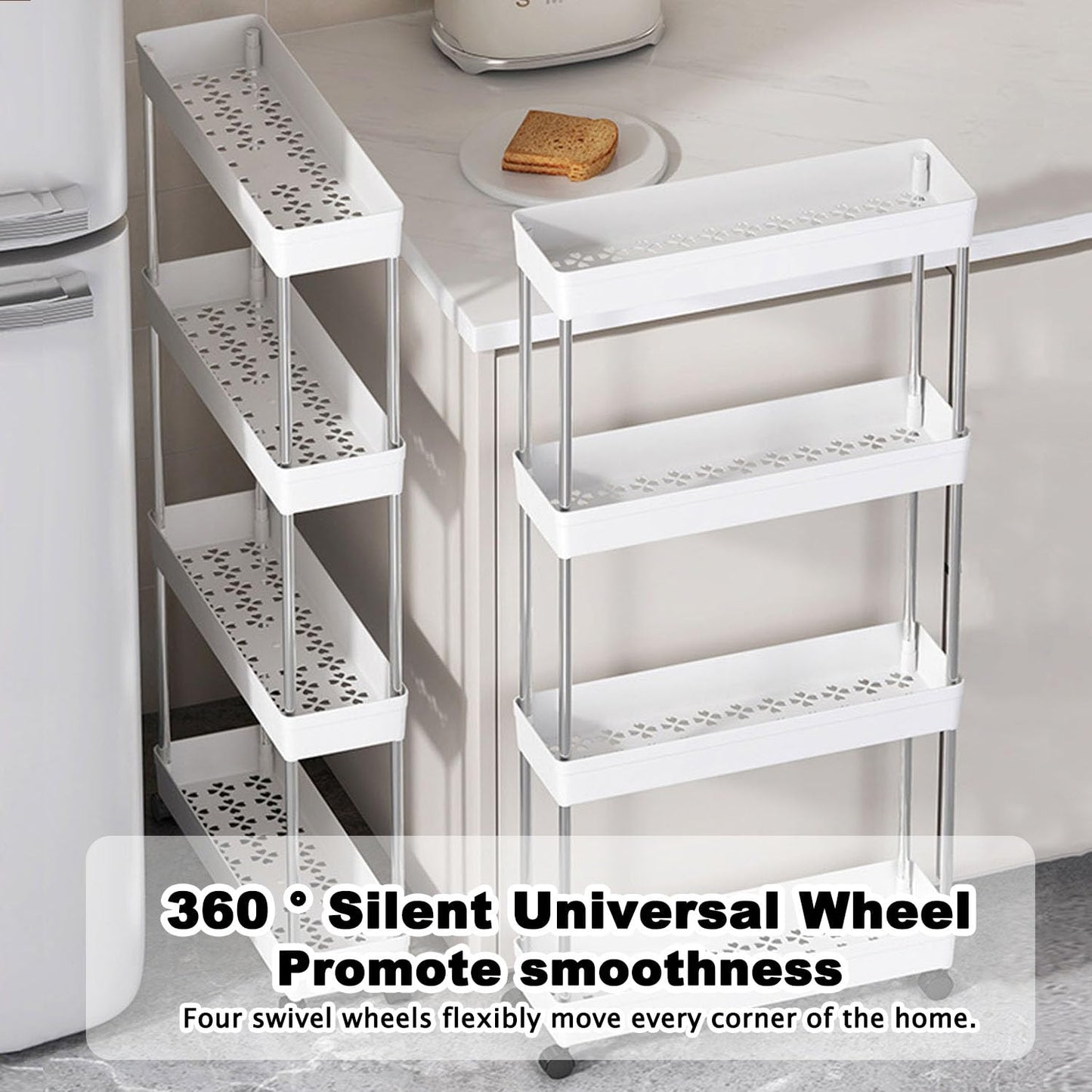 SHANGFENG Plastic Storage Trolley on Wheels Slide-out Slim Rolling Utility Cart Mobile Storage Shelving Organizer for Kitchen, Bedroom, Bathroom