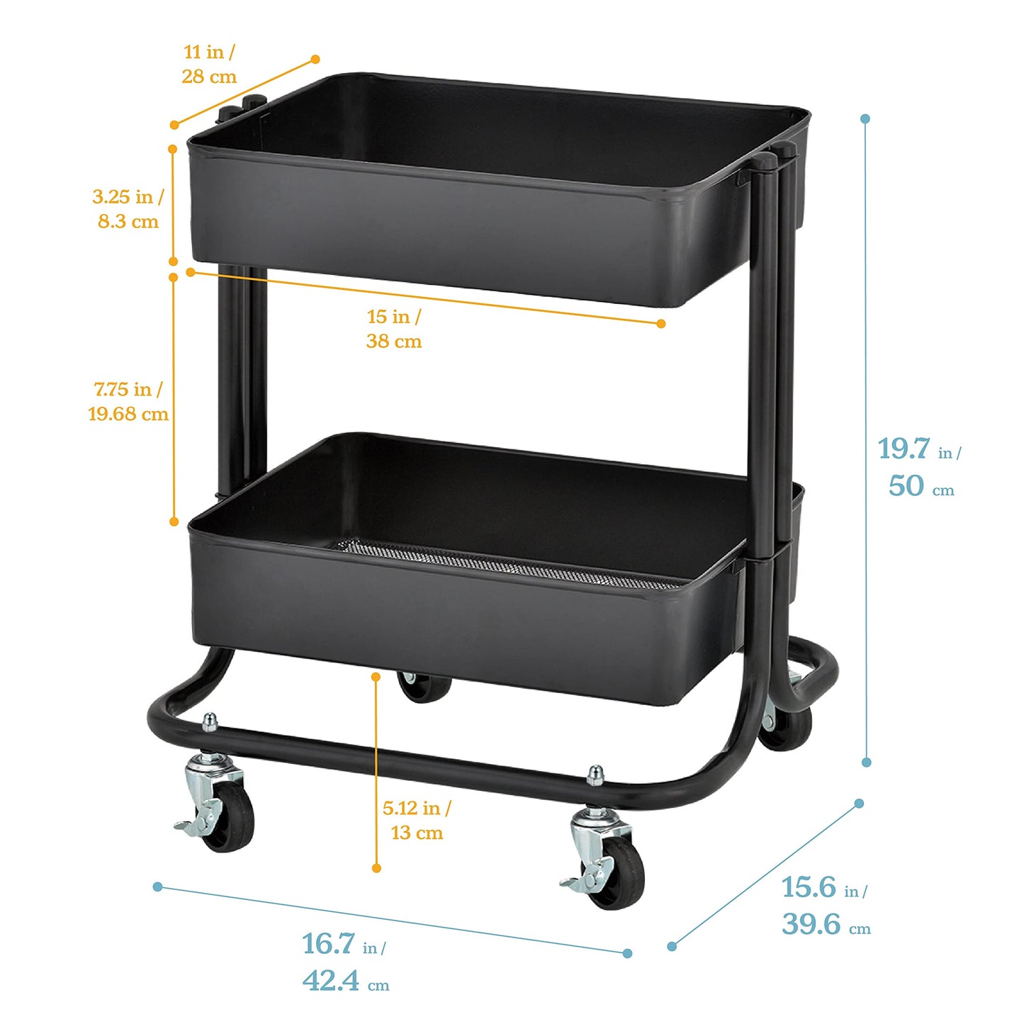 ECR4Kids 2-Tier Metal Rolling Utility Cart - Under Desk Office Storage, Multipurpose Mobile Organizer, Black