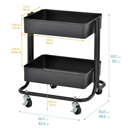 ECR4Kids 2-Tier Metal Rolling Utility Cart - Under Desk Office Storage, Multipurpose Mobile Organizer, Black