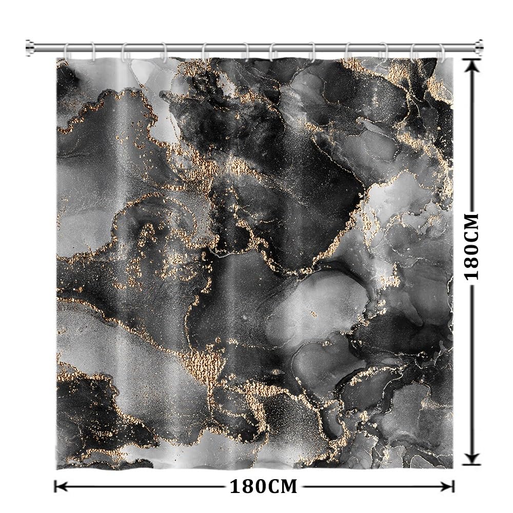 Xiaoterna Marble Fabric Shower Curtain Abstract Black Gold Grey Marble Textured Waterproof Bathroom Curtain Modern Luxury Elegant Mildew Resistant