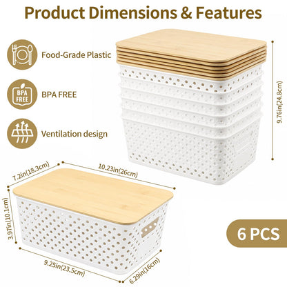 Yekolau 6 Pack Storage Bins for Shelves, Plastic Storage Containers with Bamboo Lids for Organizing, Stackable Storage Boxes with Handle