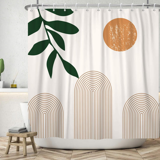 ASDCXZ Boho Shower Curtain 180 x 180 cm, Modern Abstract Art Orange Sun Green Leaves Brown Line Beige Bathroom Washable Shower Curtains Polyester