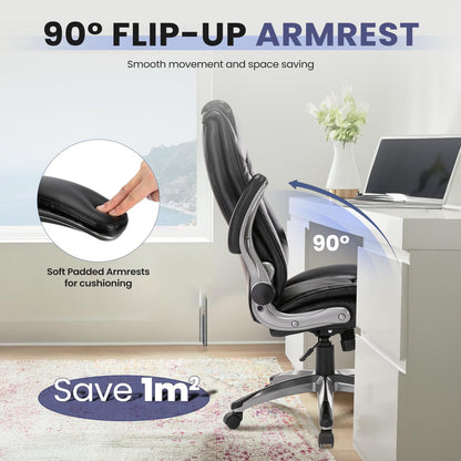 COLAMY Leather Executive Office Chair, Ergonomic Computer Chair with High Back, Spring Cushion Desk Chair for Home Office with Padded Flip-up Arm