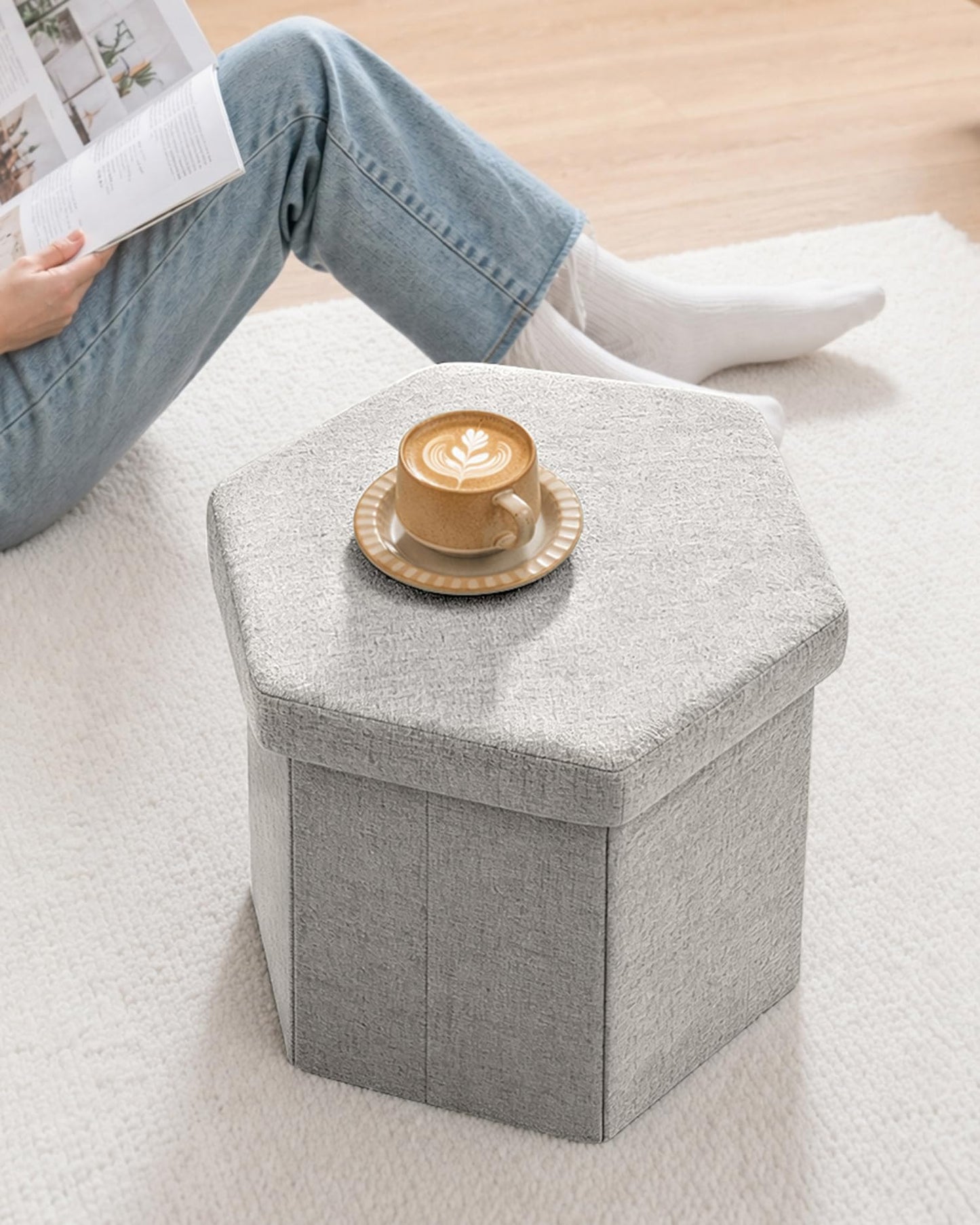 Bonlife Folding Storage Ottoman Hexagonal, Footrest with Toy Ches Box, 43cm