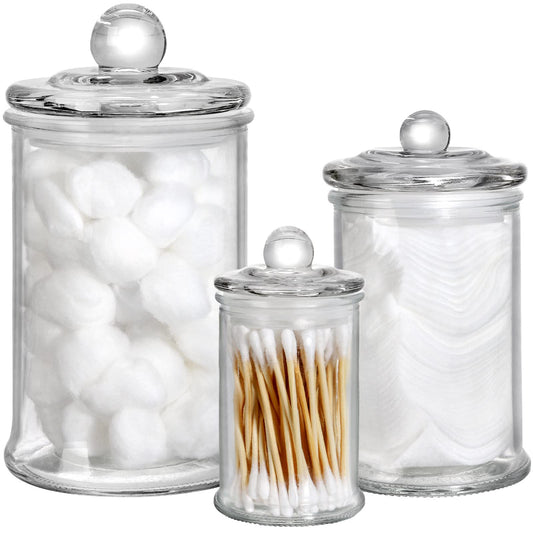 Suwimut Set of 3 Glass Apothecary Jars with Lids, Bathroom Vanity Storage Organizer Clear Apothecary Jars Qtip Holder Canister Set for Cotton