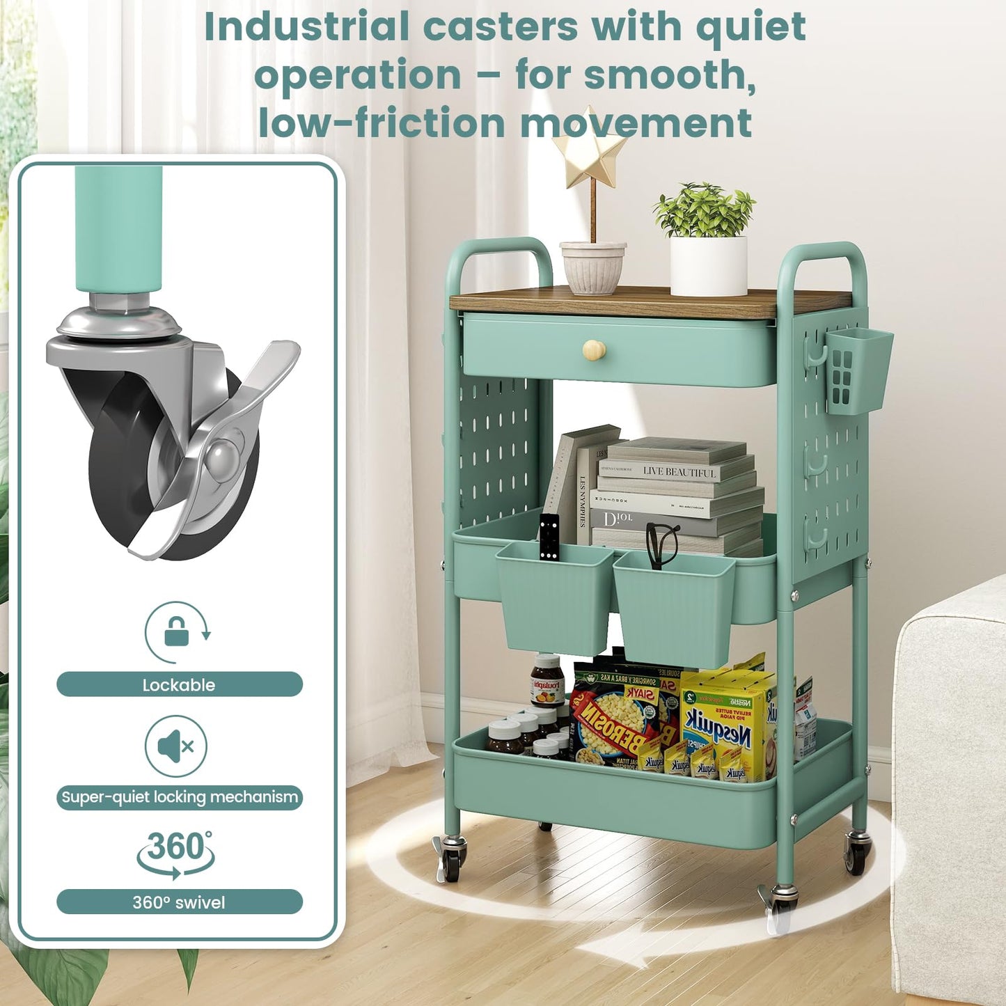 danpinera 3 Tier storage trolley, Metal storage cart with DIY Pegboard & Drawer, storage trolley on wheels with Hooks & Hanging Cups for Living Room