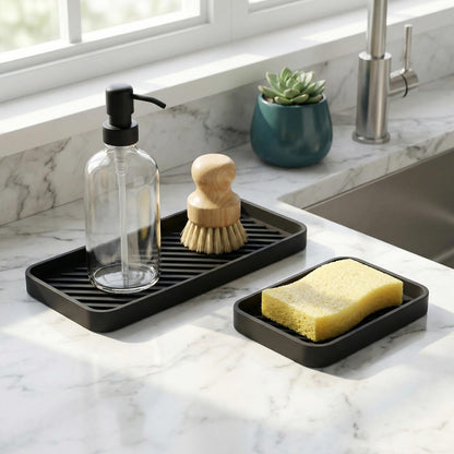 FooYee 2PCS Silicone Sink Trays,Silicone Draining Mat for Sink,Kitchen Soap Tray,Non-slip Bathroom Tray Organiser,Two Sizes