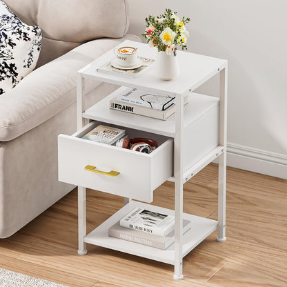 3 Tier Slim Wooden End Table with Drawer & Open Shelves