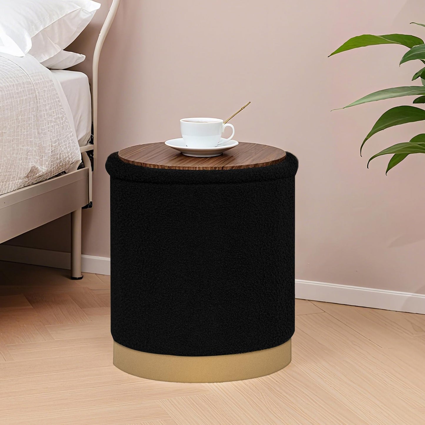 Bonlife Round Ottoman with Storage, Folding Footstool with Coffee Table