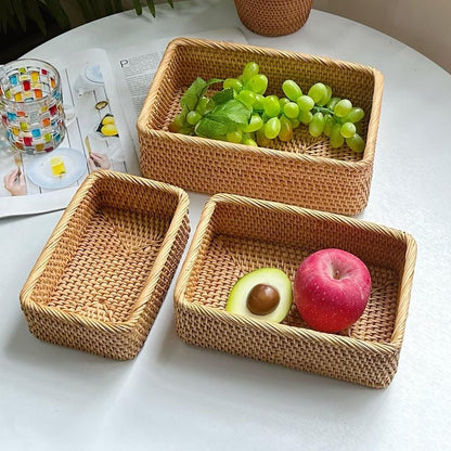 Rattan Storage Baskets, Wicker Baskets for Organizing, Hand Woven Decorative Box for Kitchen Counter, Living Room, Bathroom, Set of 3 (Rectangular)