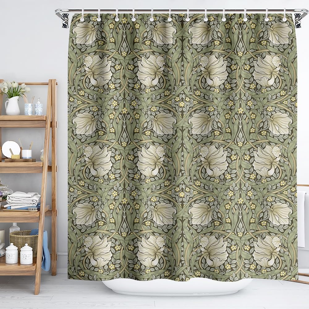 Fchen art Botanical Sage Green Yellow Flowers Shower Curtain Bathroom,William Morris Flower Pattern Print Polyester Fabric Shower Curtain For Bathroom