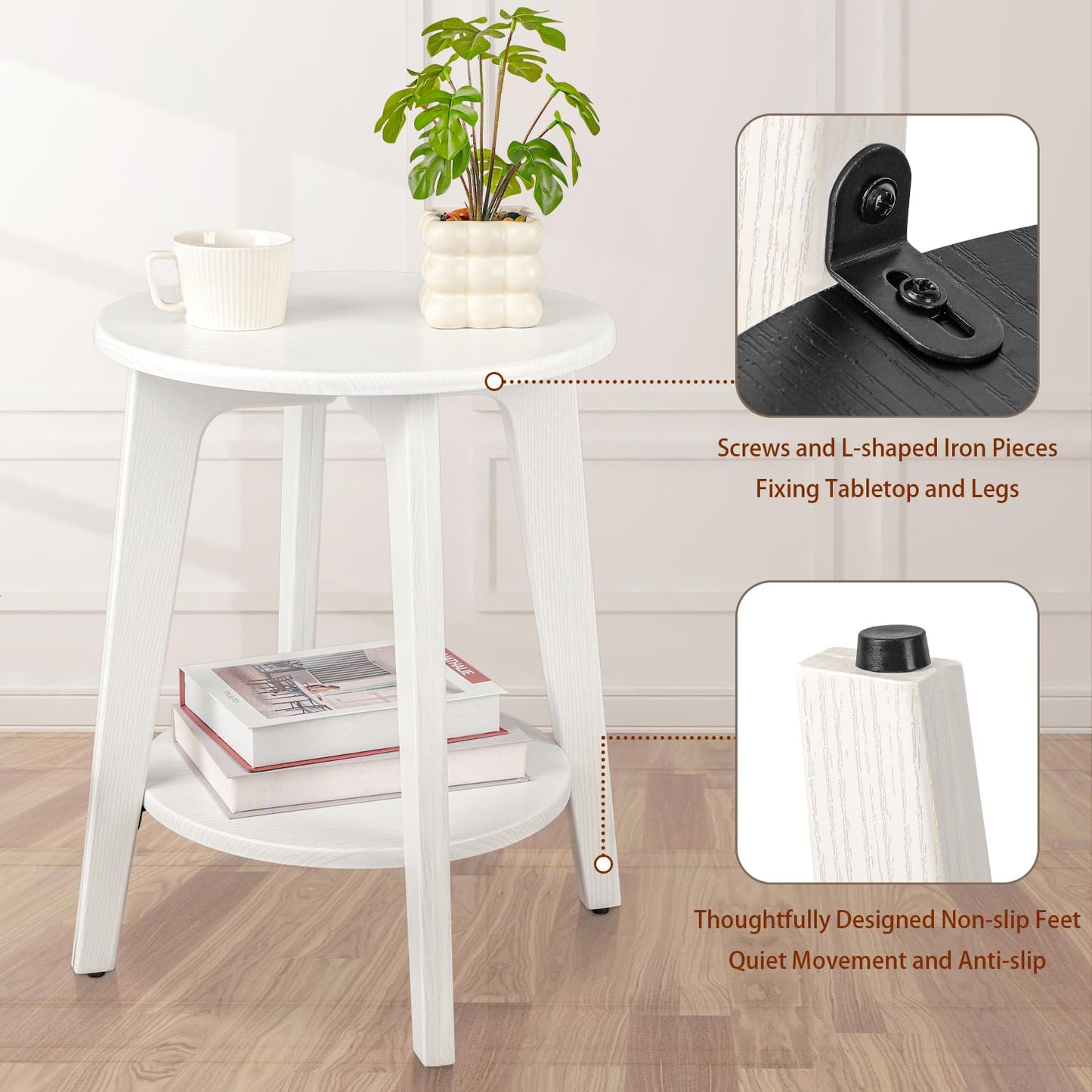 FEUFOAM Small End Side Table Wooden Round End Table with Lower Shelf White Nightstand Sofa Tables for Small Spaces, Living Room, Bedroom