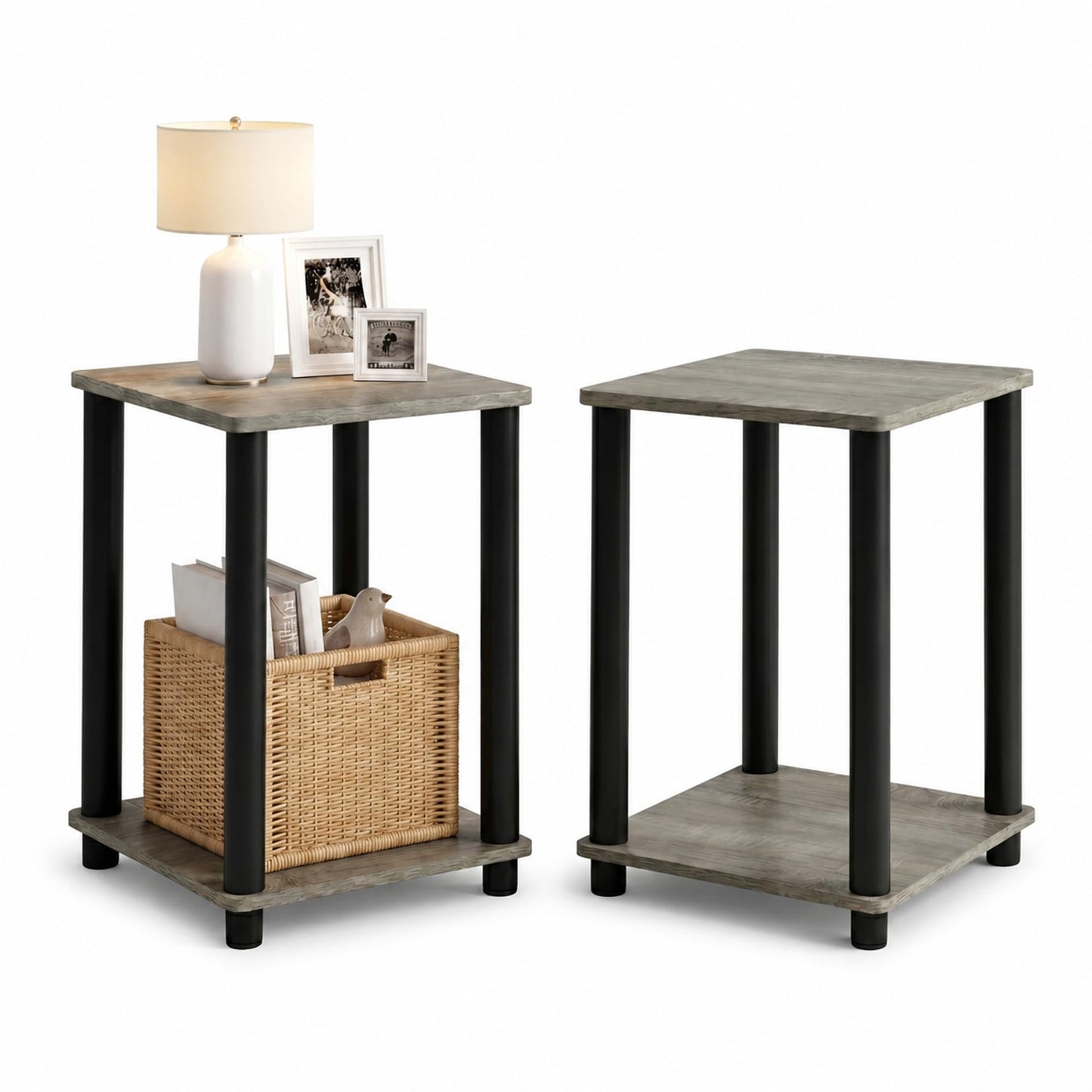 Furinno Turn-N-Tube Toolless Assembly Side Table Set of 2, Stackable 2-Tier Grey End Table with Open Shelf, Night Stand, Bedside Table