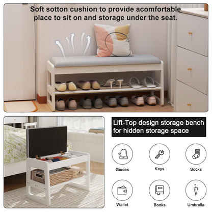 AQIMUELE Small Shoe Bench with Cushion, Shoe Bench Storage with Seat, Wooden Shoe Rack 2-Tier, Hidden Flip-Top Seat, for Hallway, Entryway