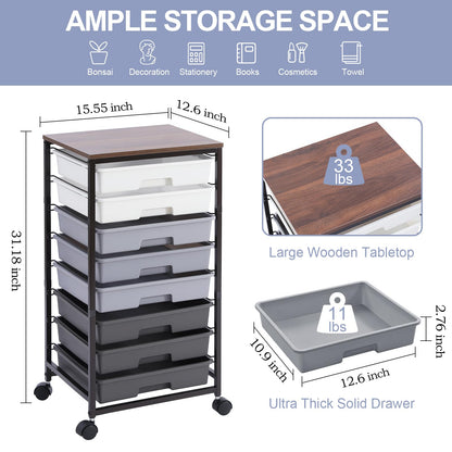 SYKIARIOL 8-Drawer Storage Trolley Rolling Cart with Lockable Wheels, Gray