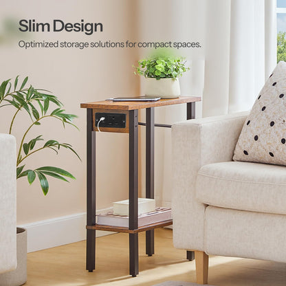 HOOBRO Small Side Table, 2-Tier Slim End Table with Charging Station, Narrow Bedside Table with Open Storage, for Small Spaces, Living Room, Bedroom