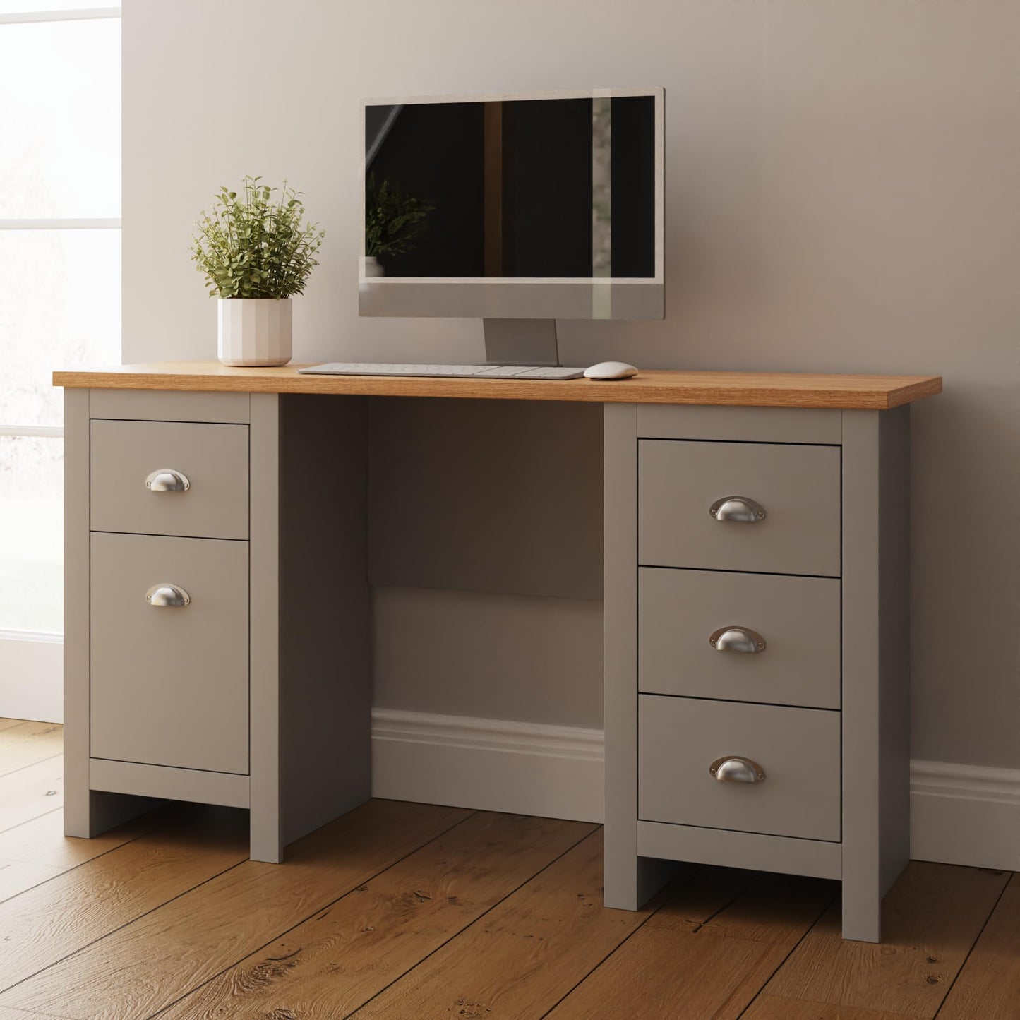 GFW Lancaster Grey and Oak Study Desk, Home Office Desk with 1 Door Cupboard and 4 Drawers, Country Style Computer Workstation