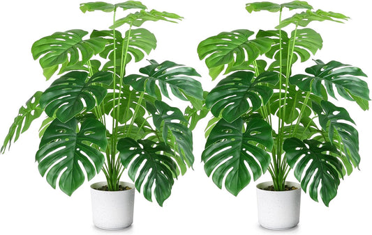 Sour Lemon 28" 2 Pack Fake Plants Large Tropical Palm Tree Artificial Monstera Faux Plant Tree in Pot for Indoor Outdoor Home Office Garden Decoration