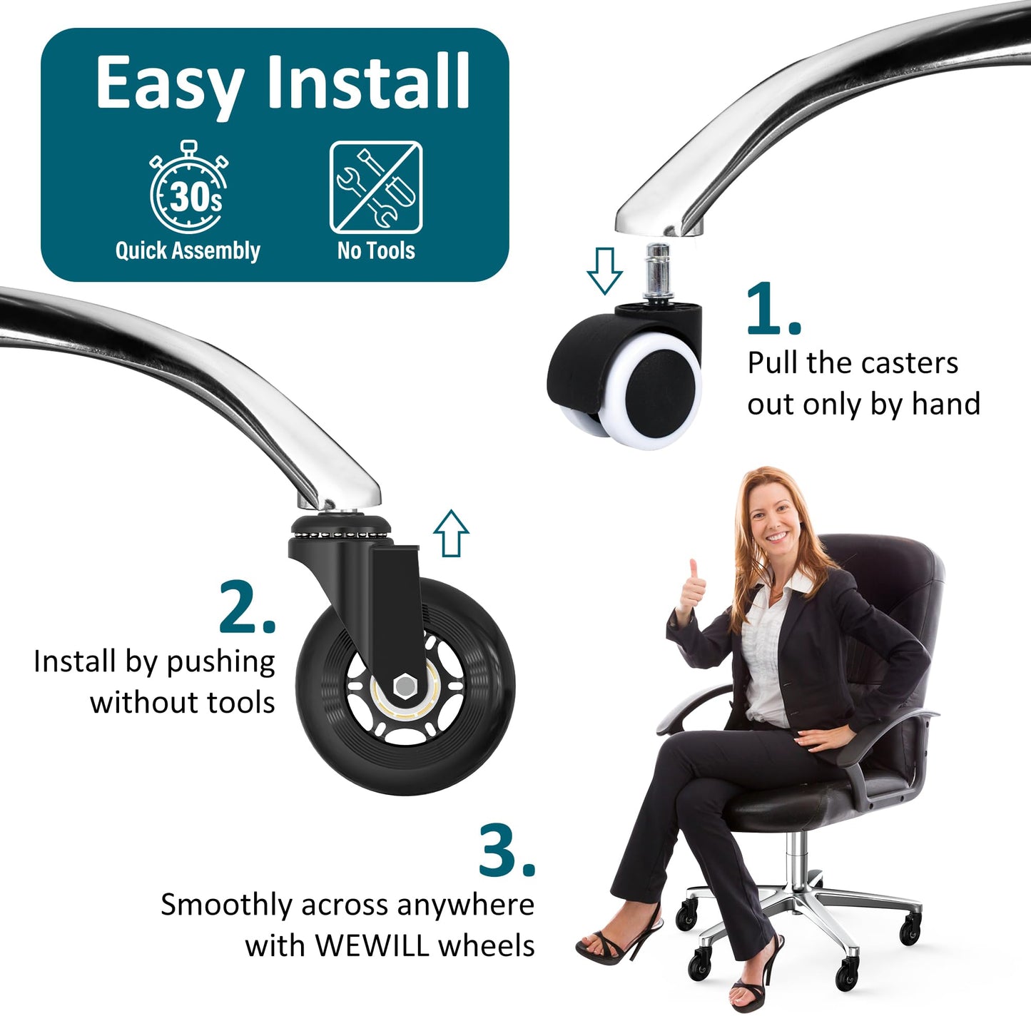 WEWILL Office Chair Wheels, 11 x 22 mm, Set of 5, Gaming Chairs, Carpet & Parquet, Quiet, No Mat Required