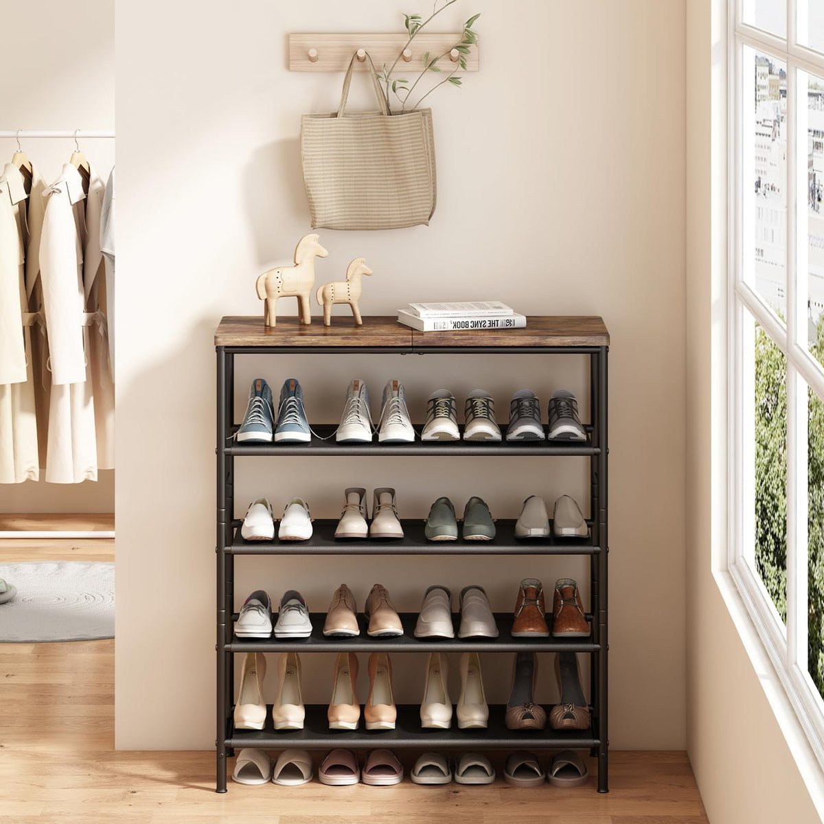 Dazioter Shoe Rack, 5-Tier Metal Shoe Shelves with Wooden Top,Shoe Organizer for Closet, Hallway, Entryway, Living Room