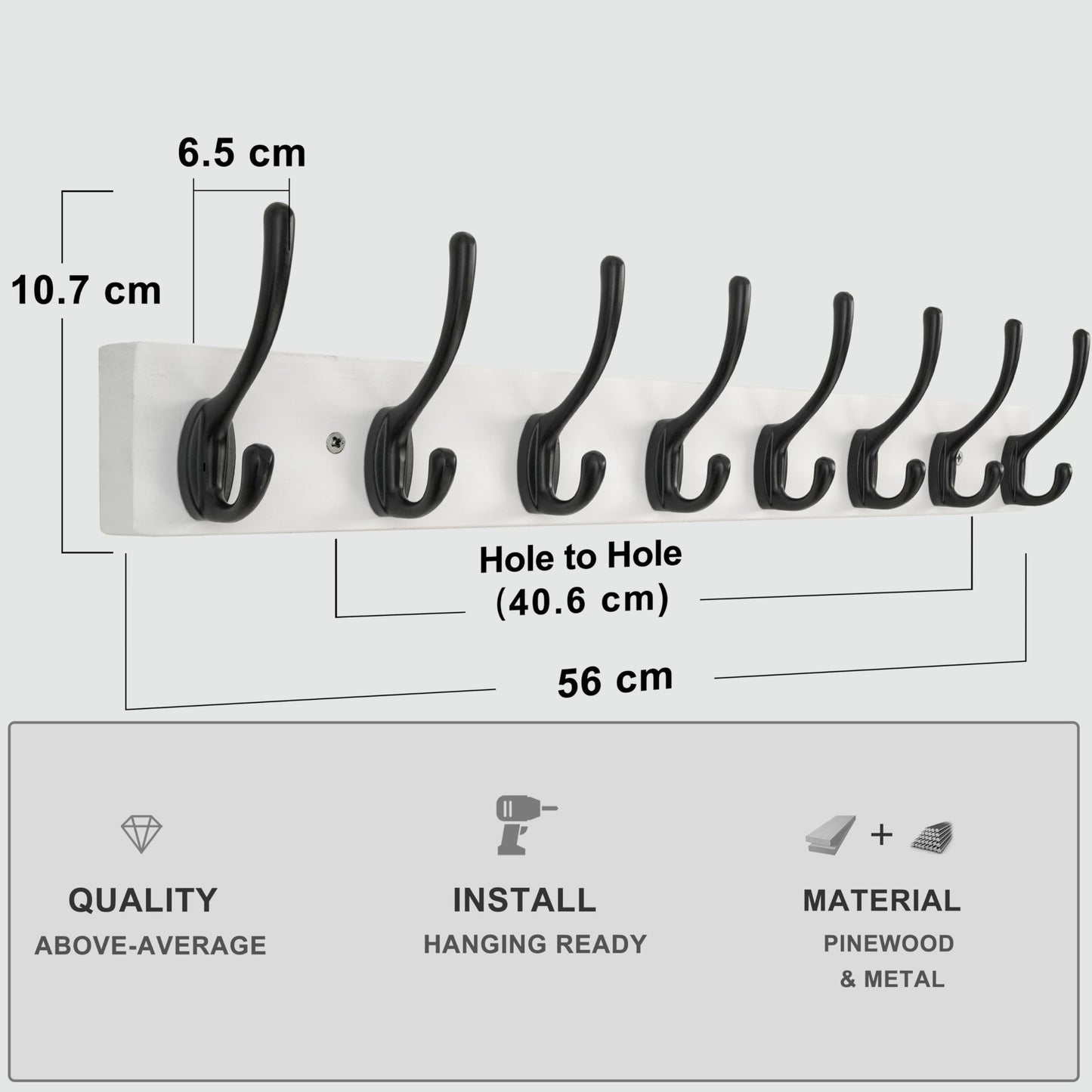 HONSKY Wall Coat Rack with 8 Double Hooks,Wooden Coat and Towel Hanger Storage for Entryway, Bathroom, Bedroom, Garage,White Base/Black Hook