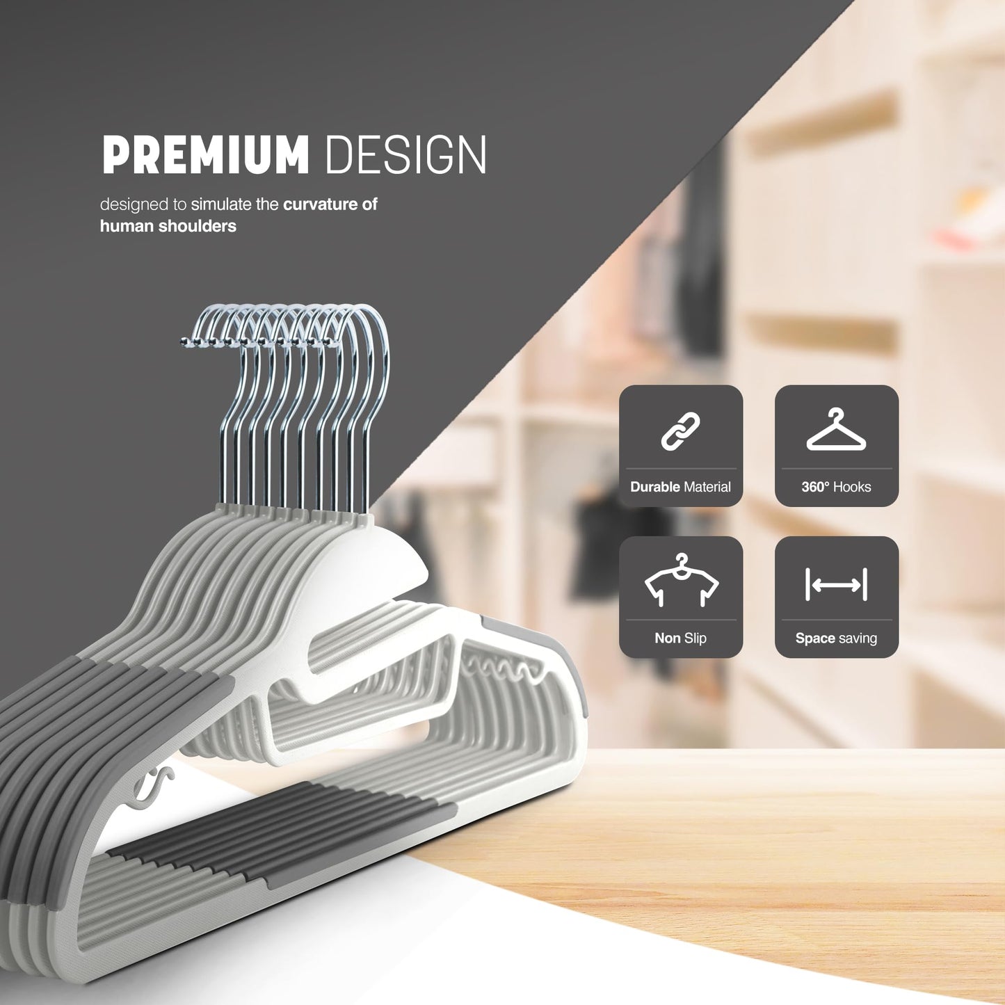 KEPLIN 20-Pack Non-Slip Hangers – Durable, Slimline Design for Space Saving with 360° Swivel, Tie Organiser, Strap Hooks, and S-Shape Opening (White)